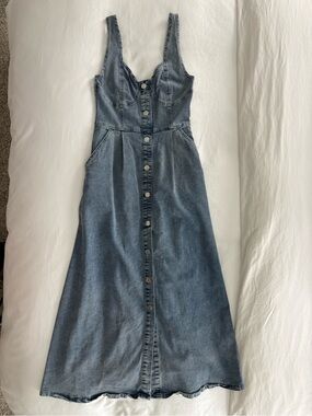 Button-Front Denim Midi Dress in Faded Blue
